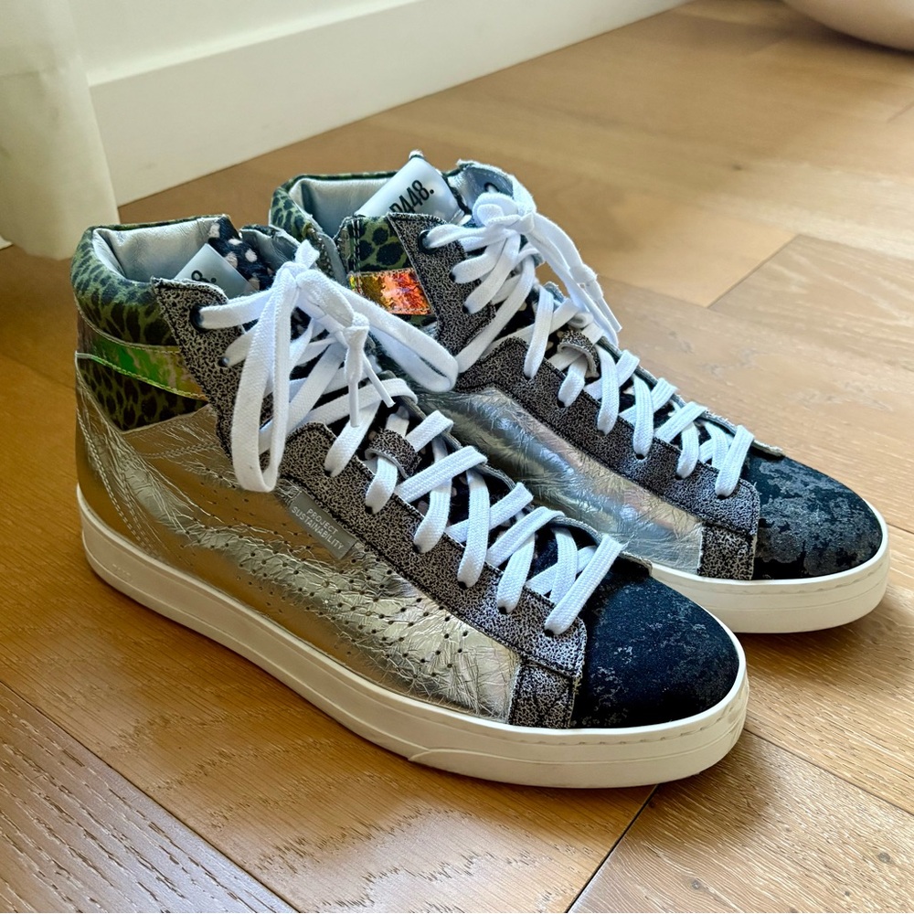 P448 Project Sustainability Metallic Silver High-Top Sneakers Multicolor accents